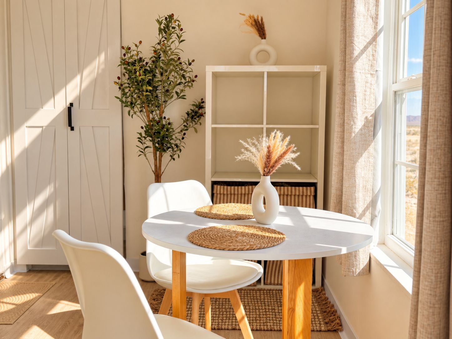 A room with a round table, two chairs, a potted plant, a vase with dried flowers, and a window with curtains.