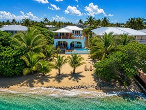 A beachfront property with a pool, palm trees, and a clear view of the ocean. - Villa Terrapin Station in Hopkins, Beachfront, Private Pool + Rooftop Tiki Bar (Hopkins)