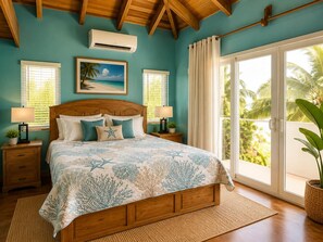 A bedroom with a wooden bed, two bedside tables with lamps, a large window with curtains, and a view of palm trees. - Villa Terrapin Station in Hopkins, Beachfront, Private Pool + Rooftop Tiki Bar (Hopkins)