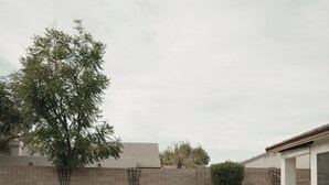 Una piscina con un banco incorporado, rodeada por un muro de ladrillo y un pequeño jardín.