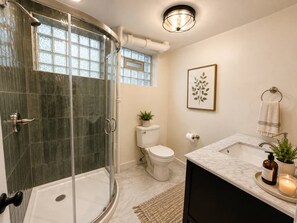A bathroom with a glass-enclosed shower, a toilet, a sink with a marble countertop, and a framed plant on the wall. - Spacious & Stylish Retreat in Northeast DC (Washington)