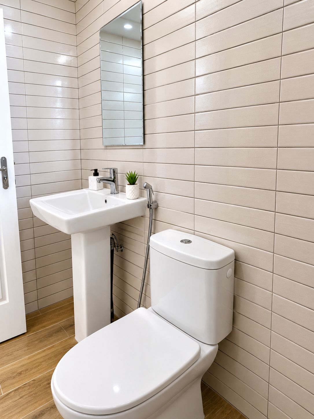 A bathroom with a white toilet, a pedestal sink, and a mirror above the sink.
