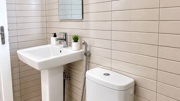A bathroom with a white toilet, a pedestal sink, and a mirror above the sink.