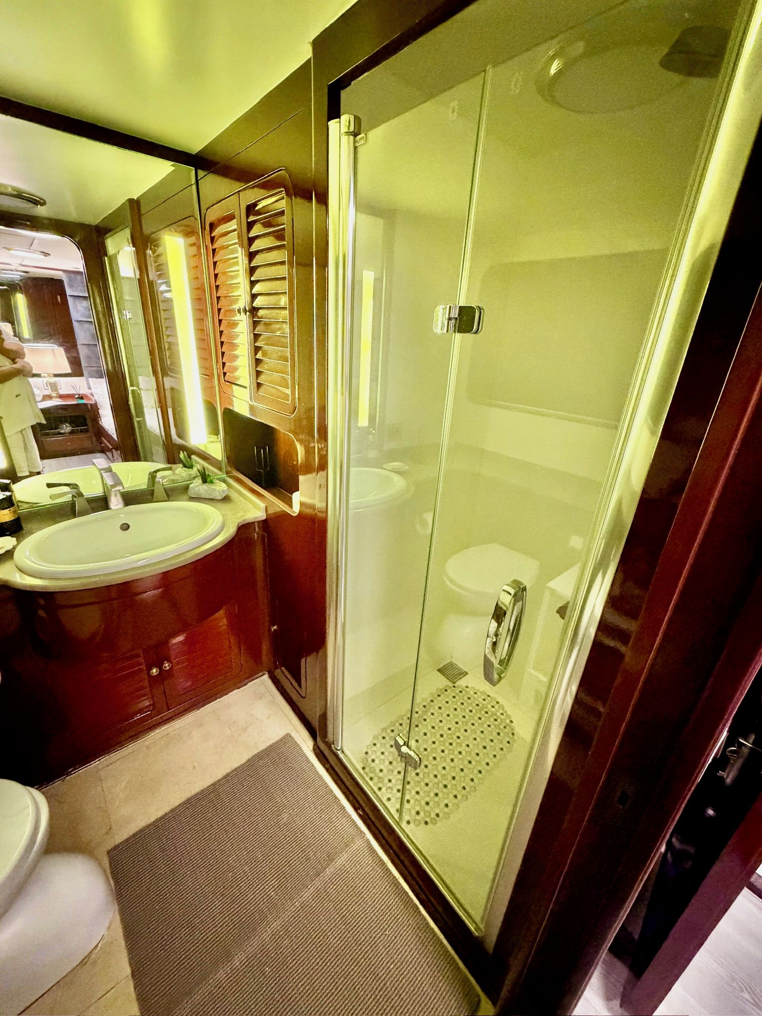 A modern bathroom with a glass-enclosed shower, a vanity with a sink, and a toilet.
