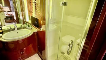 A modern bathroom with a glass-enclosed shower, a vanity with a sink, and a toilet.
