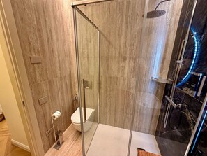 Un baño moderno con ducha envuelta en vidrio, inodoro y tocador con espejo.