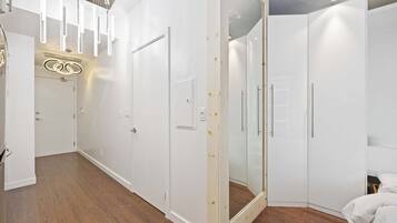 A modern bedroom with a walk-in closet, a large mirror, and a wooden floor.