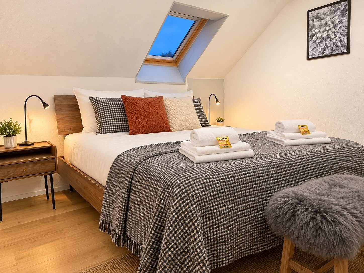 Une chambre avec un puits de lumière, un lit recouvert d’une courtepointe à carreaux, deux lampes de chevet, une table de chevet avec une plante et un petit tabouret moelleux.