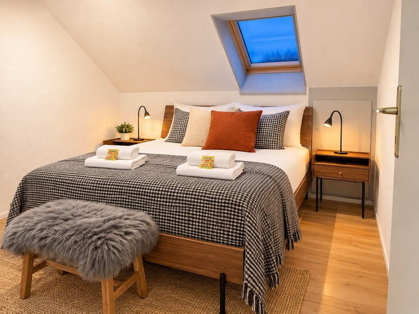 Een slaapkamer met dakraam, een bed met geruit beddengoed, twee nachtkastjes met lampen, een kleine potplant en een kruk bekleed met bont.'