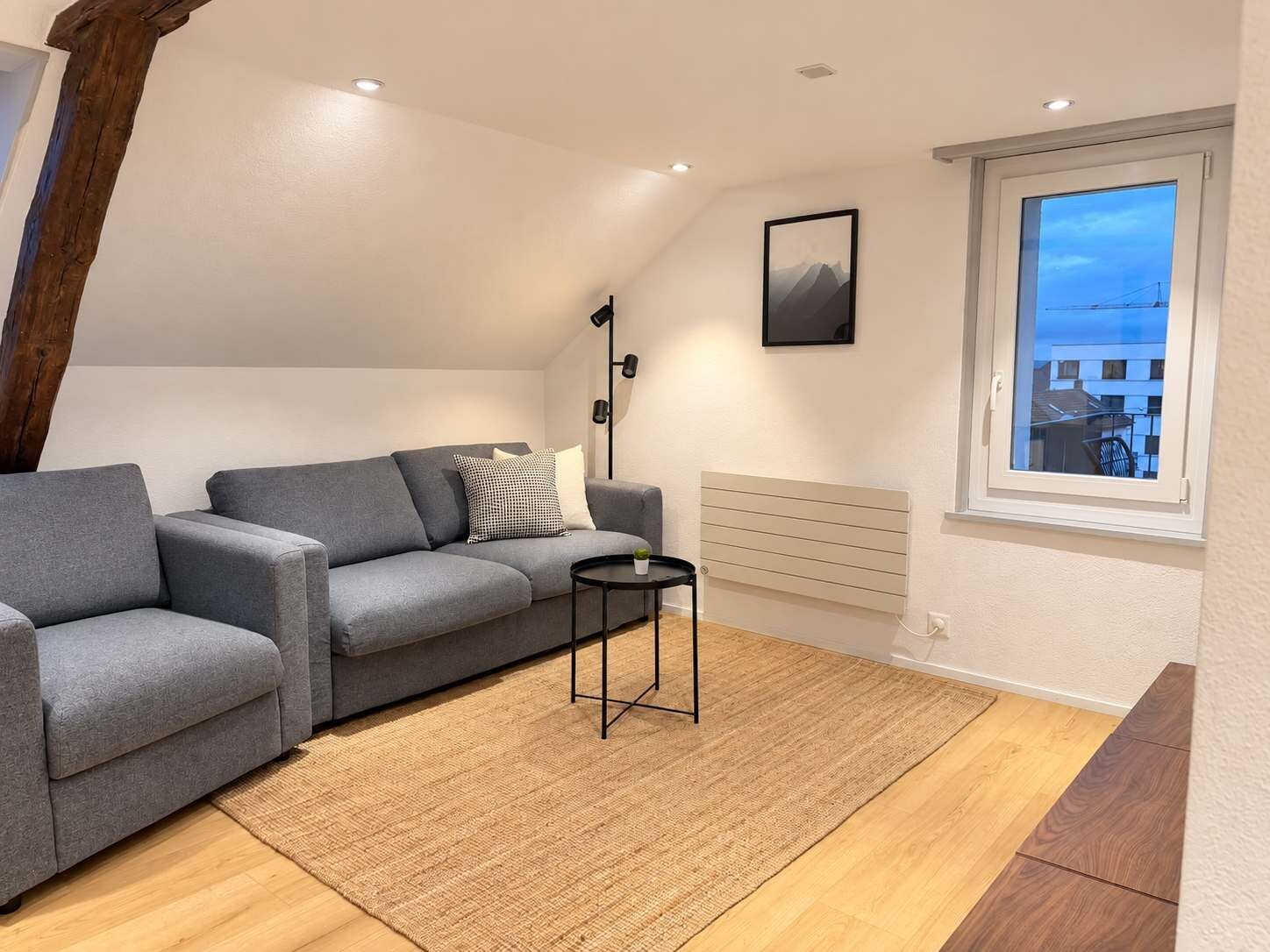 Una sala moderna con un sofá gris, una mesita auxiliar negra, una alfombra tejida, un radiador y una ventana con vistas a edificios.