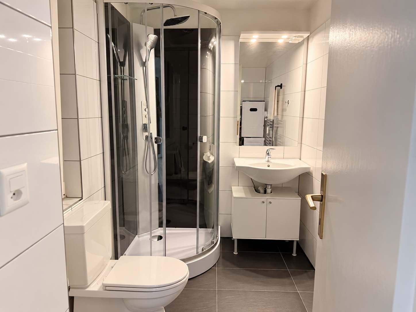 Une salle de bain moderne avec une douche à parois de verre, des toilettes blanches et un lavabo surmonté d’un miroir.