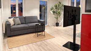 A modern living room with a grey sofa, a small table, a potted plant, and a flat-screen TV. - book2stay: Apartment with Balcony near harbor & train station (Romanshorn)