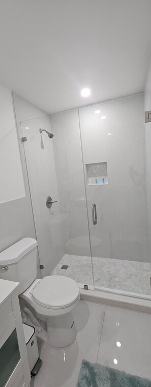 A modern bathroom with a toilet, shower, and glass-enclosed shower stall. - Gorgeous 1-bedroom house with AC in vibrant Miami,..free parking (Miami)