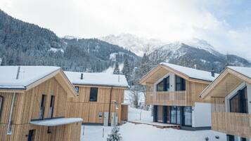 A modern wooden cabin with a sloped roof, large windows, and a view of snow-covered mountains.