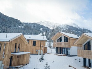 A modern wooden cabin with a sloped roof, large windows, and a view of snow-covered mountains. - Chalet With 4 Bedrooms, Sauna & Fireplace (Biberwier)
