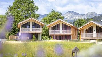 A row of three wooden cabins with balconies, set in a meadow with mountains in the background.
