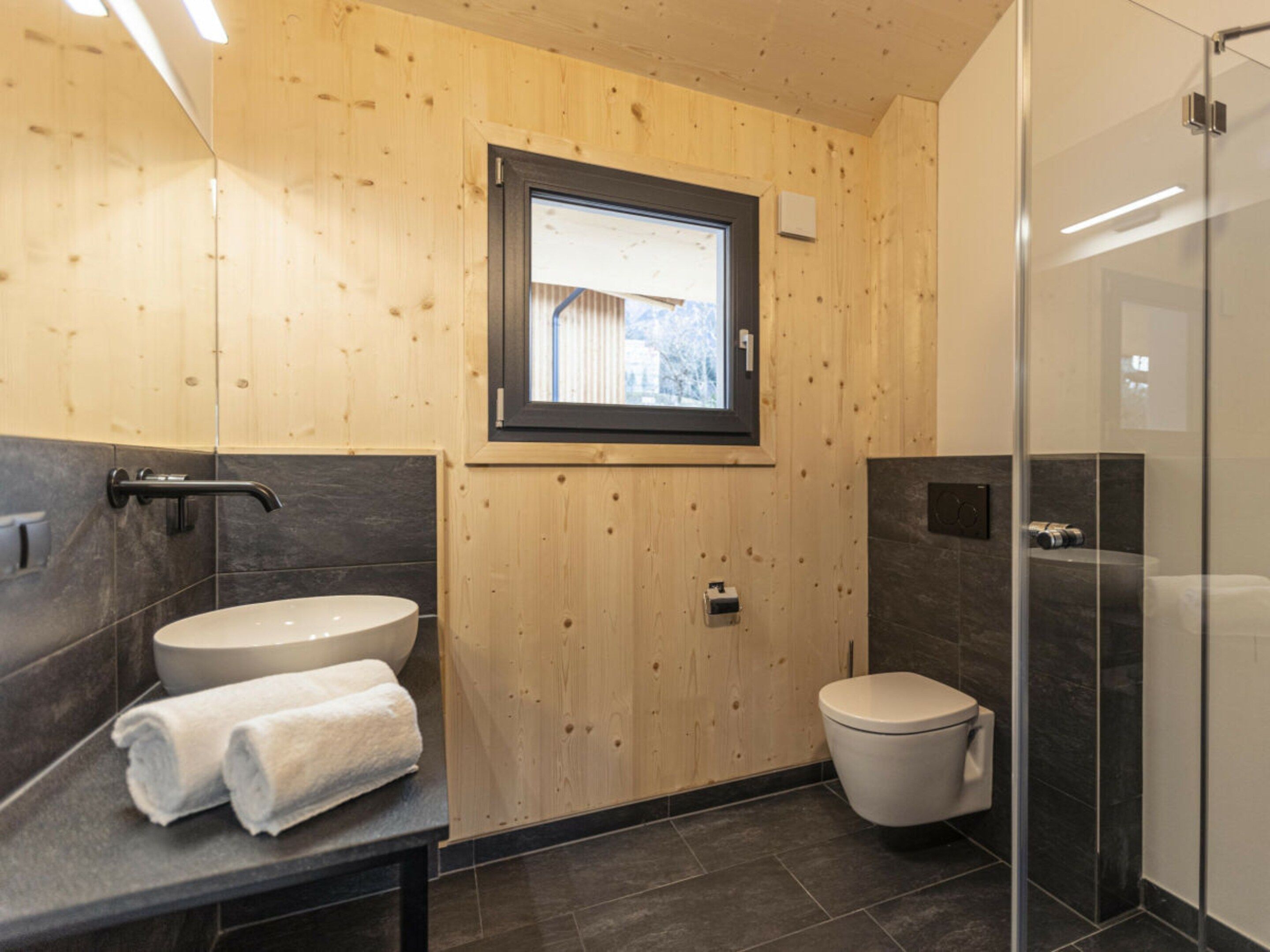 A modern bathroom with a wooden wall, a built-in sink, a toilet, and a glass shower enclosure.