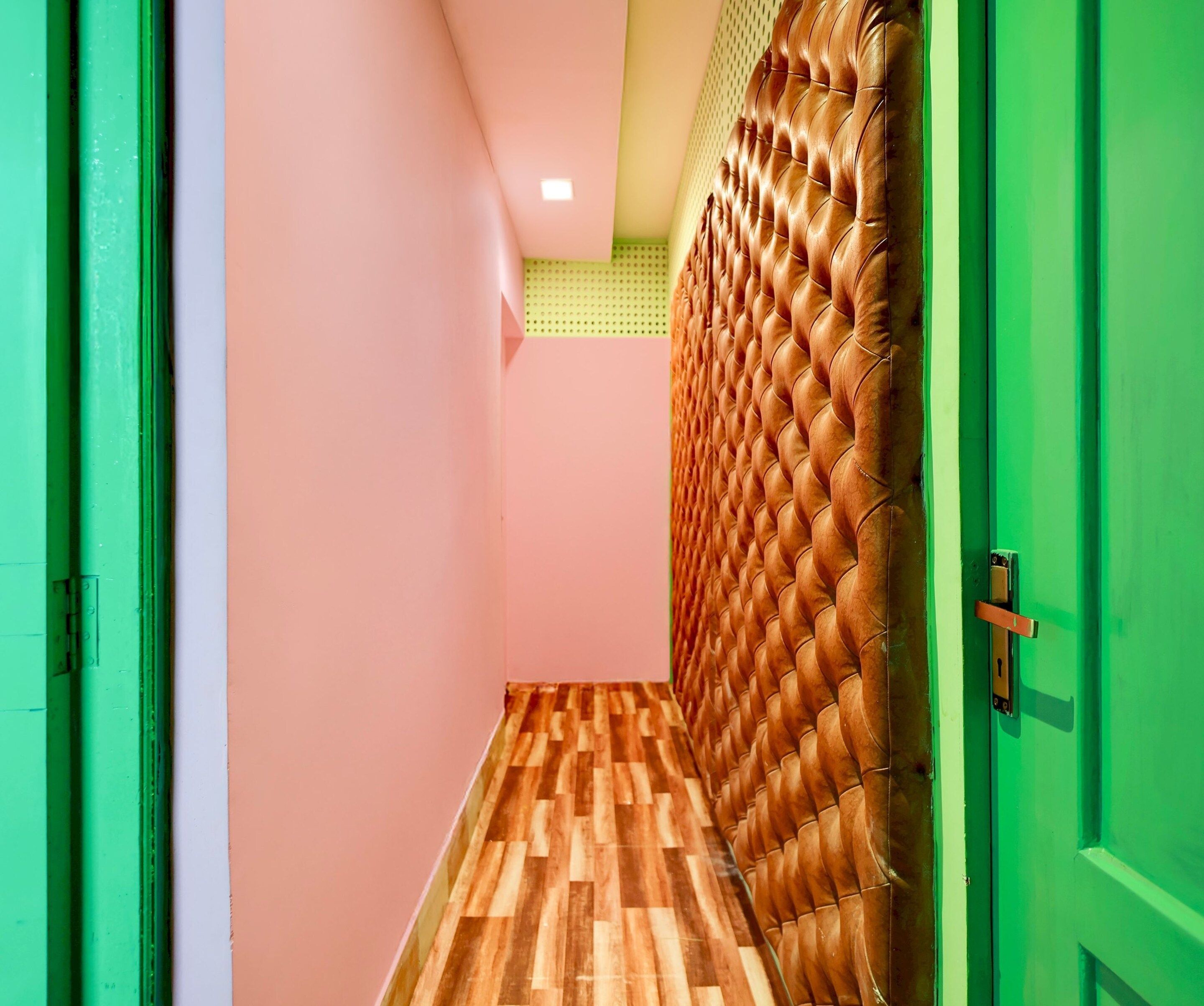 A hallway with a wooden floor, a pink wall, and a green door.
