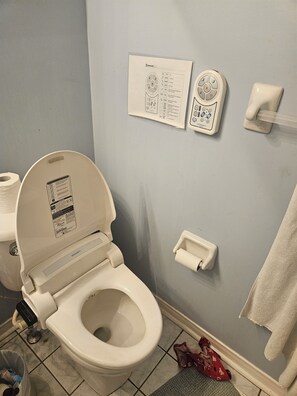 Un bany amb vàter, bidet, dispensador de tovallons de paper i panell de control fixat a la paret.