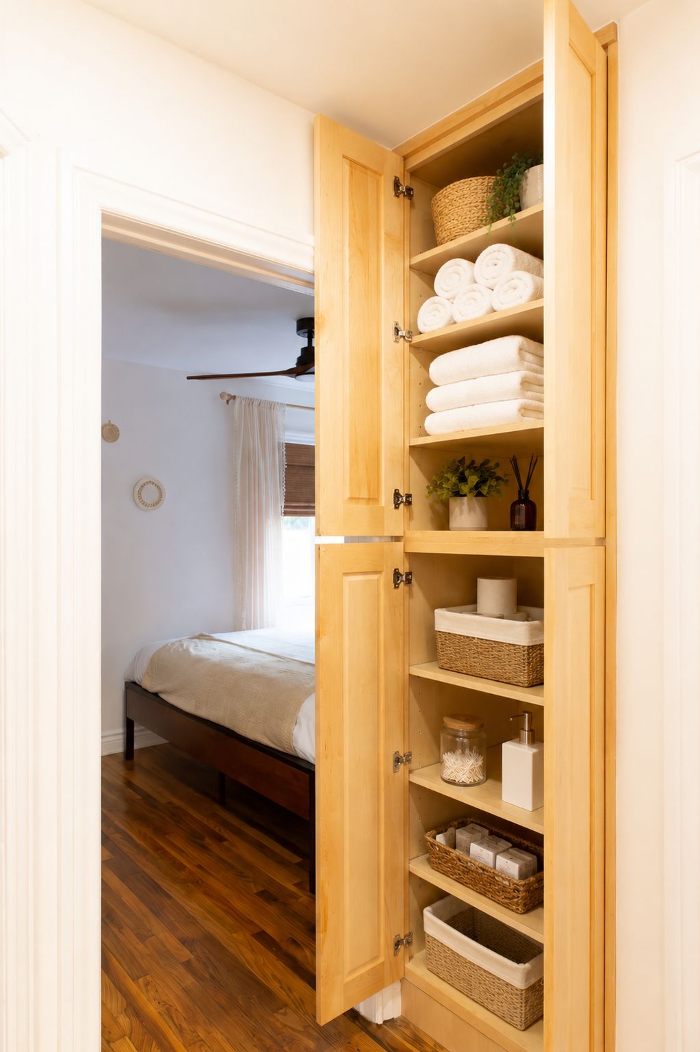 A wooden cabinet with shelves containing rolled towels, a basket, and a jar.