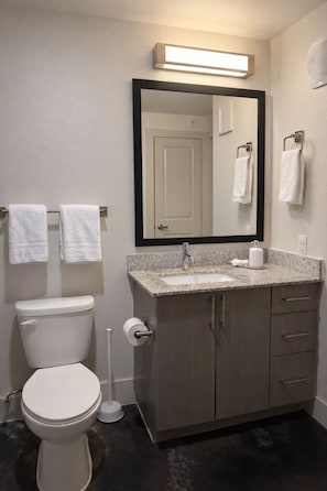A bathroom with a toilet, sink, mirror, and towel rack. - DT Corporate Condo NR Farmers Market w/ Gym Pool (Dallas)