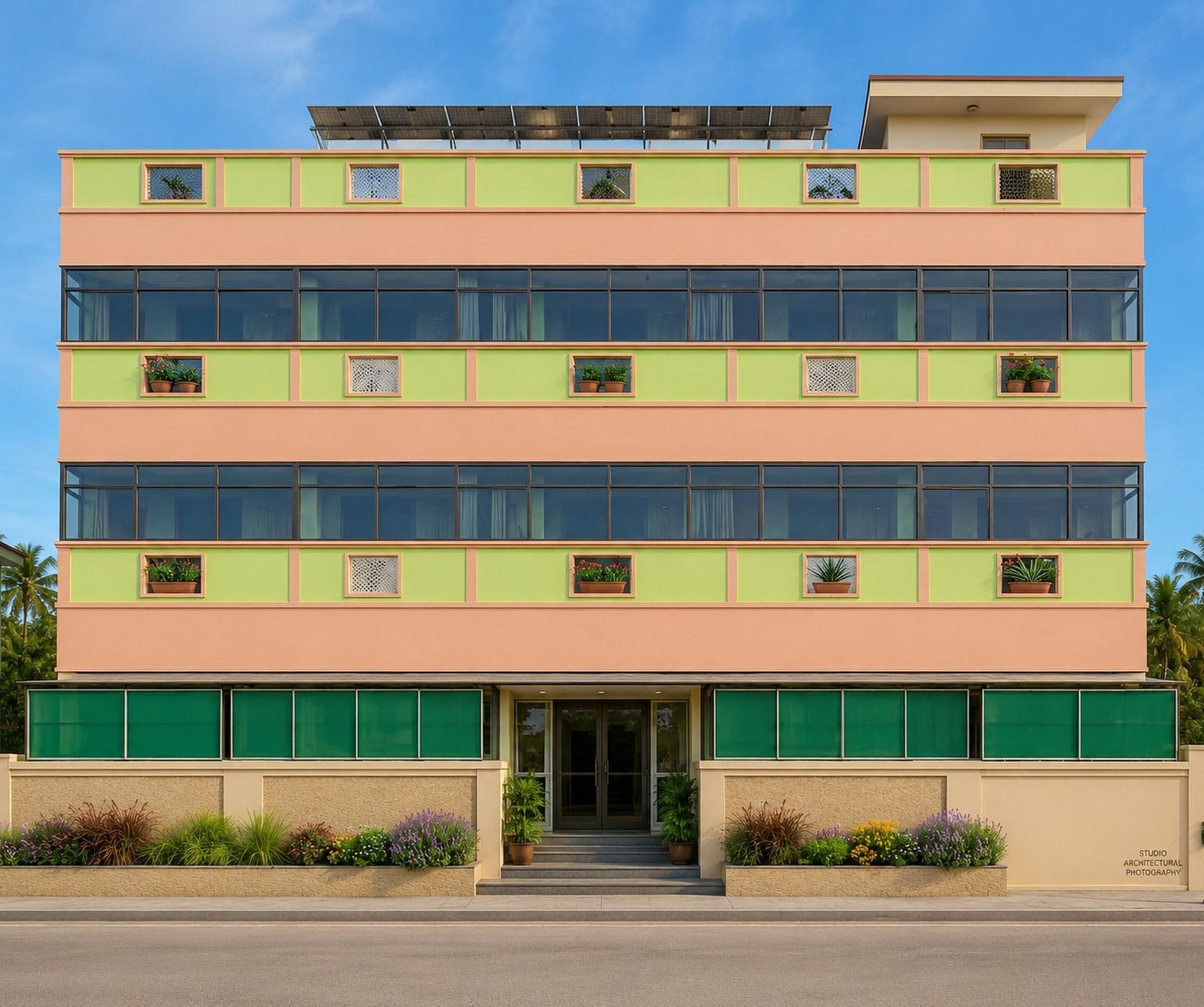 A multi-story building with a flat roof, large windows, and a central entrance.