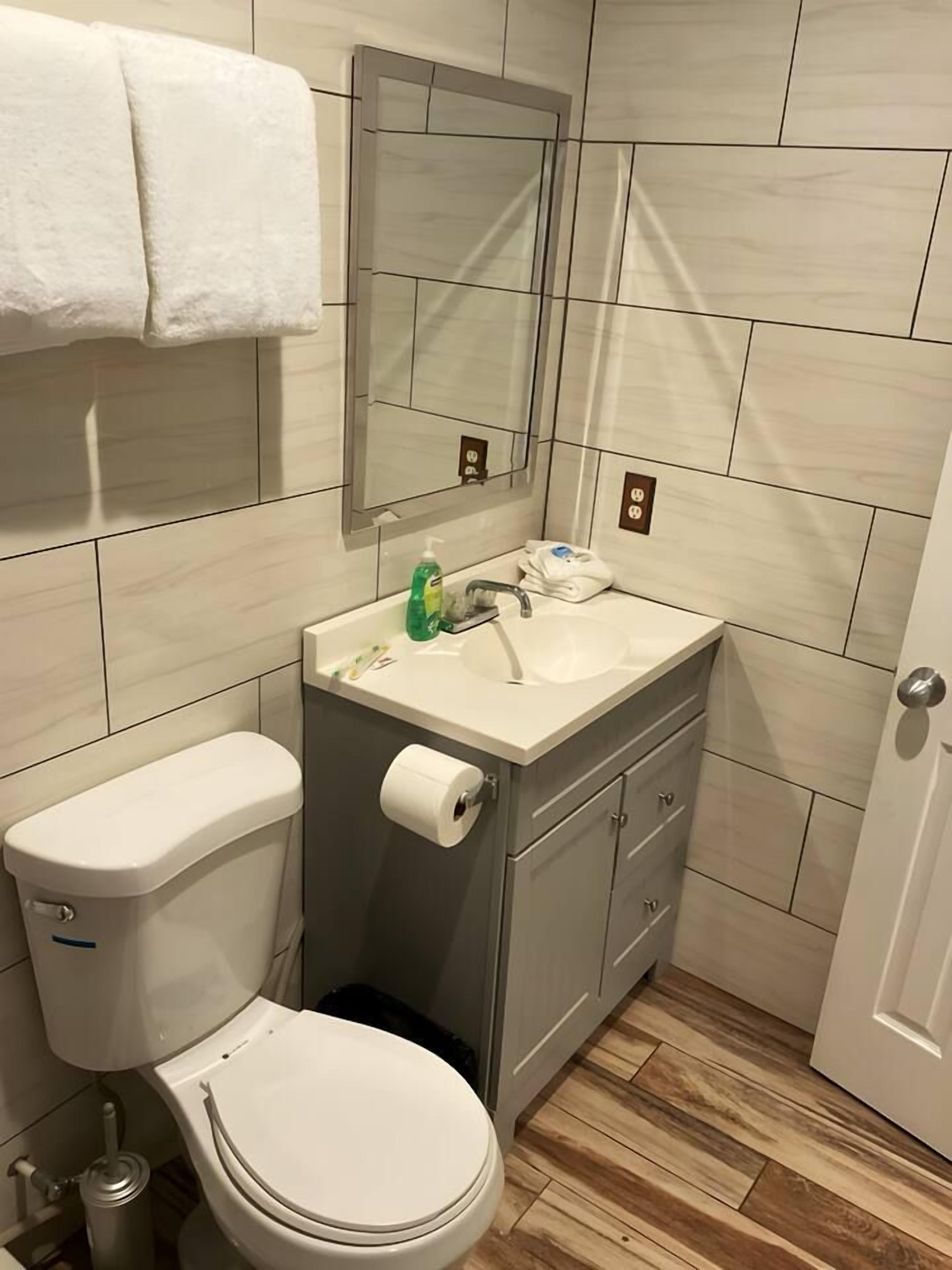 Un baño con inodoro, lavamanos, espejo y paredes con azulejos.