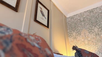 Quarto com cama, ilustração de pássaro emoldurada na parede e papel de parede estampado.