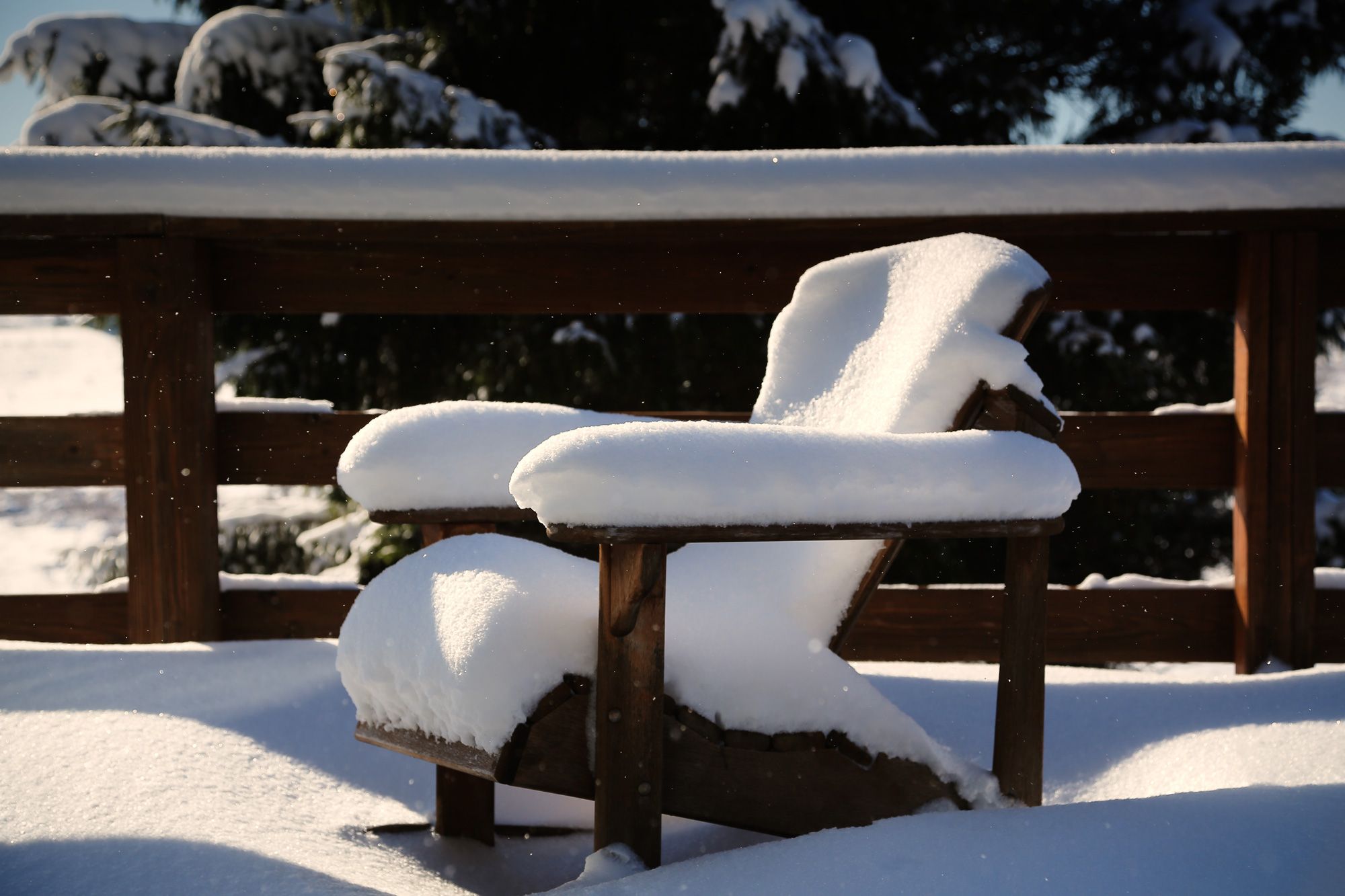 Eine mit Schnee bedeckte Holzbank.