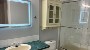Casa de banho com chuveiro envidraçado, pia com bancada de mármore, sanita e armário sobre a pia.