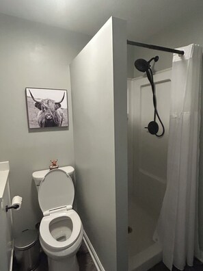 Un baño con inodoro, ducha e imagen colgada en la pared de un toro.