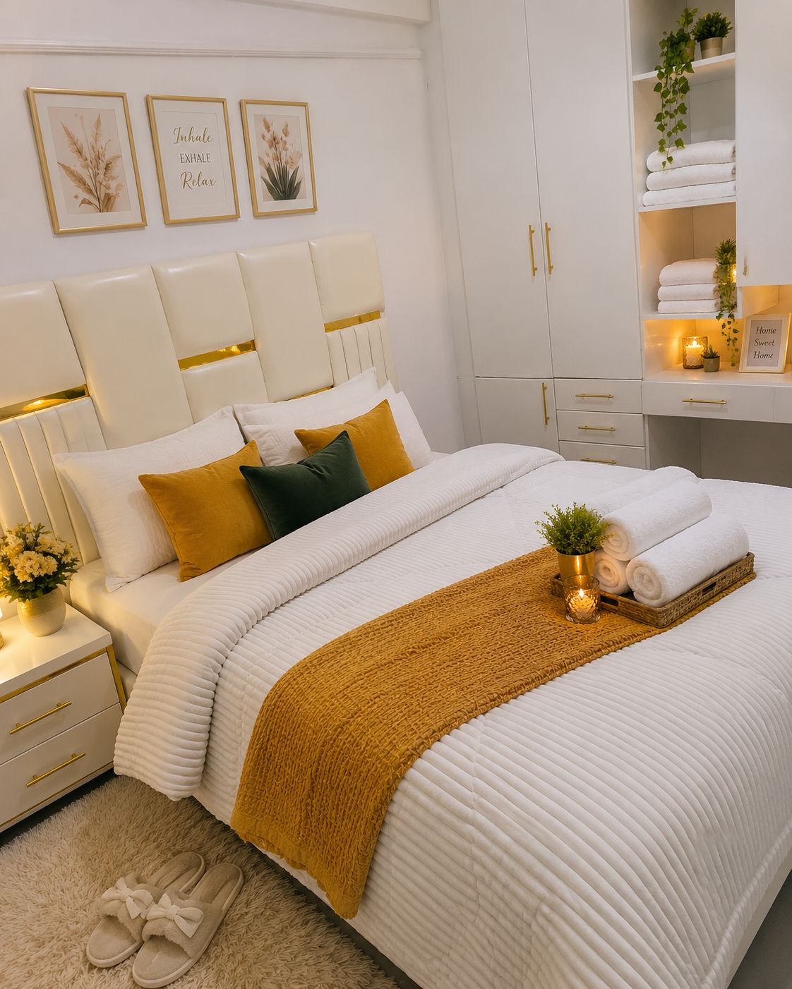 Una camera da letto ordinata con un letto, comodini, un tavolino e uno scaffale con asciugamani e una piccola pianta.
