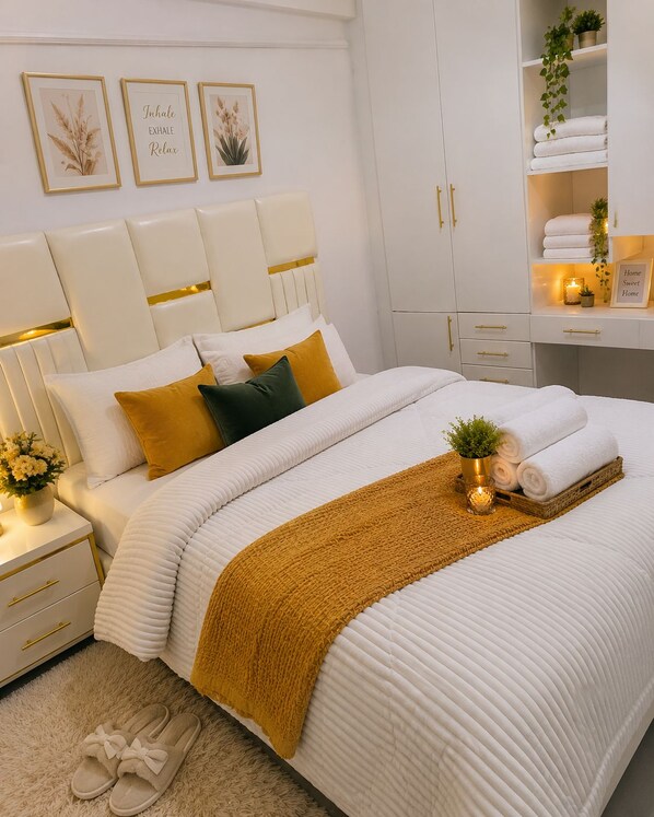 Un dormitorio ordenado con cama, mesitas de noche, un aparador y un estante con toallas y una planta pequeña.