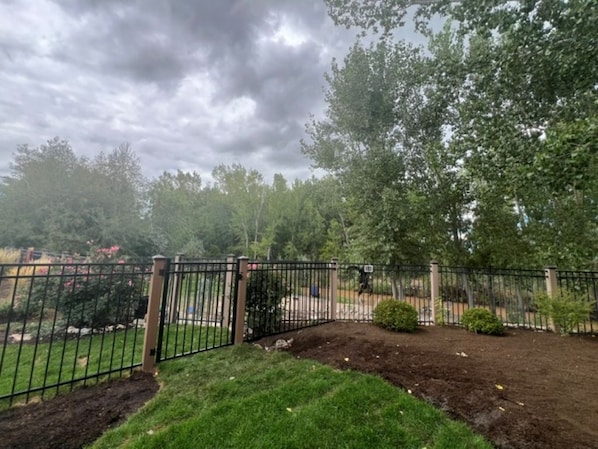 Área de jardim cercada por uma grade com portão, rodeada por árvores e arbustos.