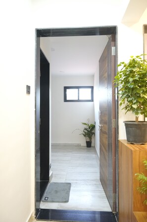 A hallway with a black door frame, a potted plant, and a small window.