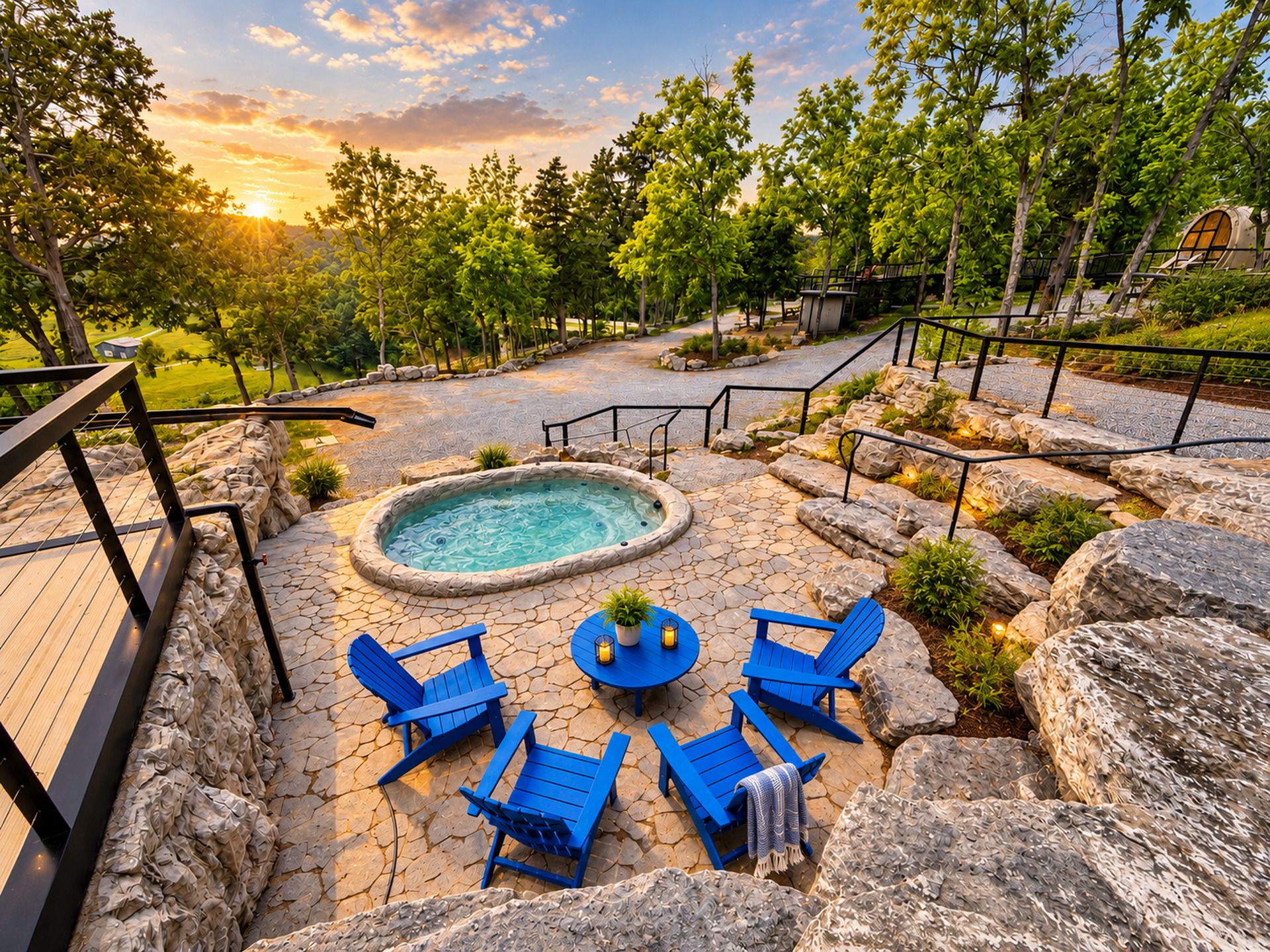 A hot tub surrounded by blue chairs and a stone deck, with a wooden deck and railing on the left.