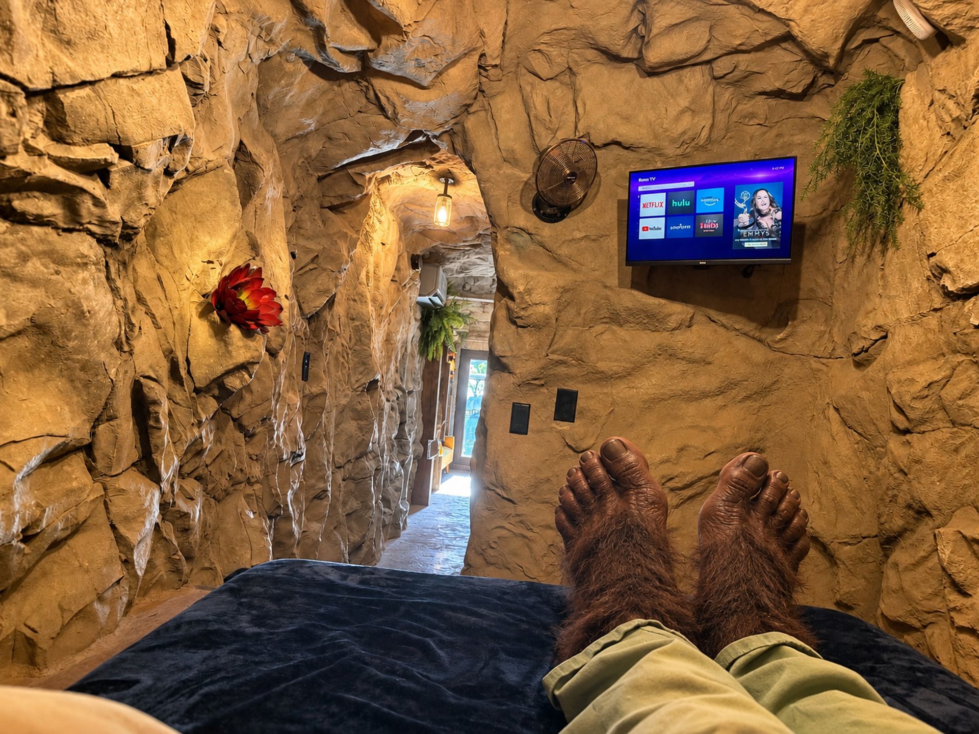 Les pieds d’une personne reposent sur un lit, avec un mur de pierres en arrière-plan, un téléviseur fixé au mur diffusant des services de streaming, et une petite plante accrochée au mur.