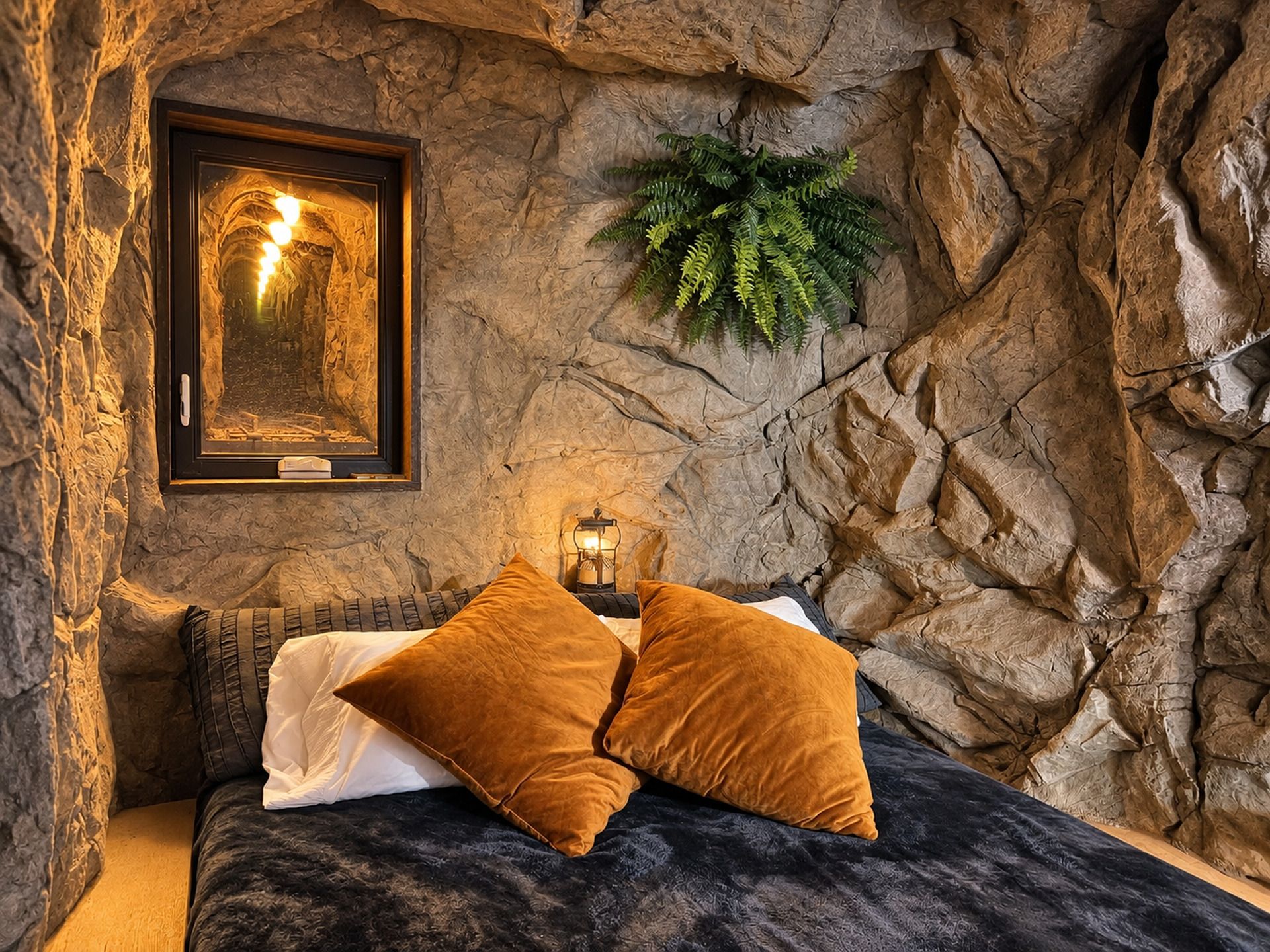 A bed with dark bedding and two brown pillows, a framed picture on the wall, and a small plant.
