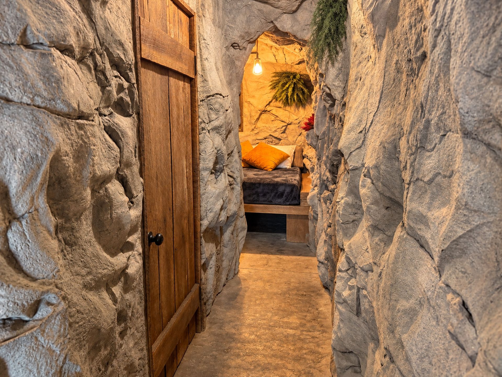 A narrow stone-walled corridor leading to a bedroom with a bed, a nightstand, and a hanging plant.
