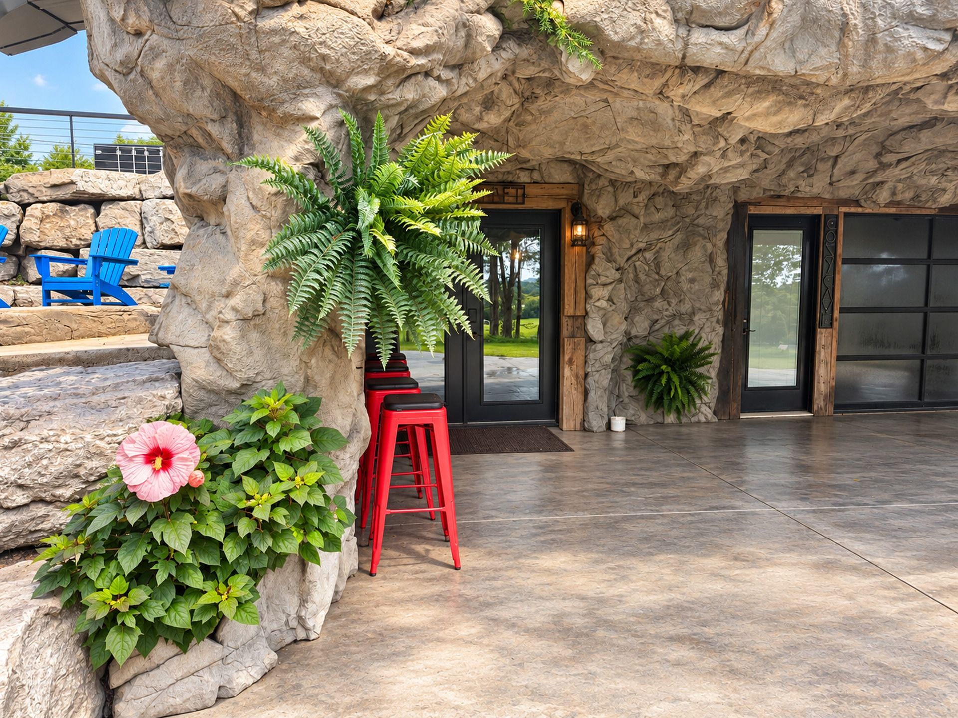 A stone facade with a door, a red stool, and a potted plant.