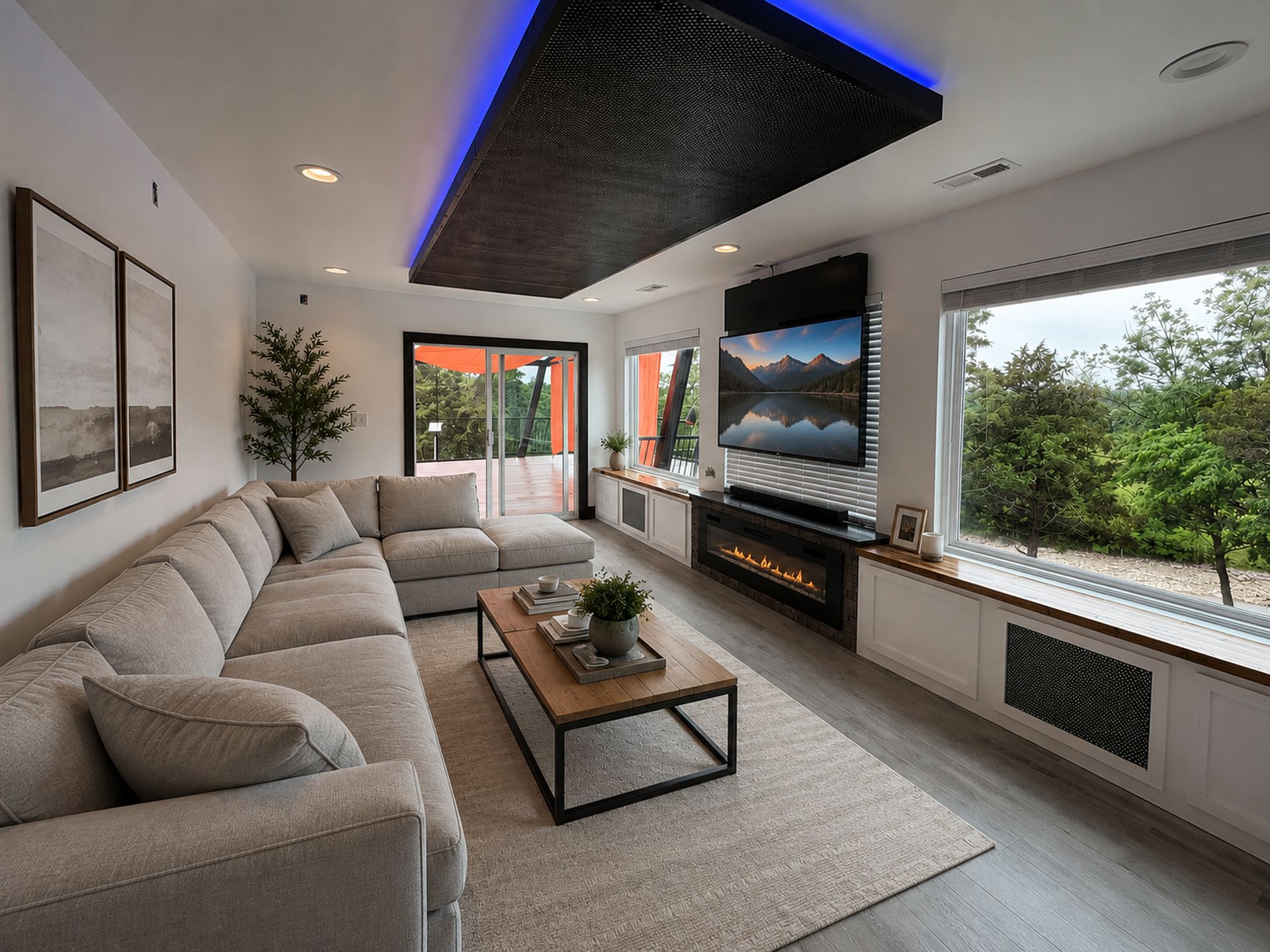 A modern living room with a sectional sofa, a fireplace, and a large window with a view of greenery.