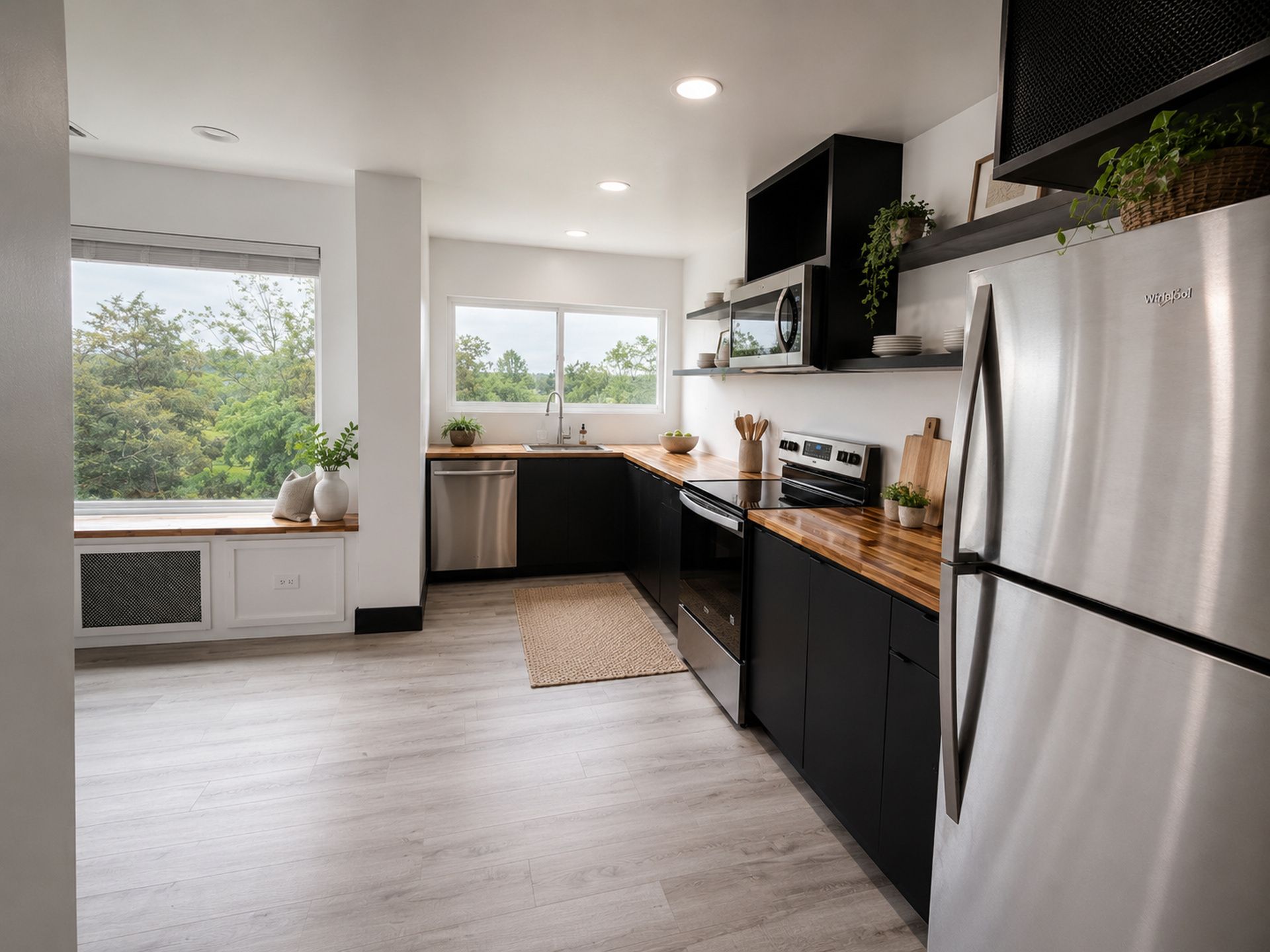 Una cocina moderna con refrigerador de acero inoxidable, encimeras de madera y muebles de cocina negros.