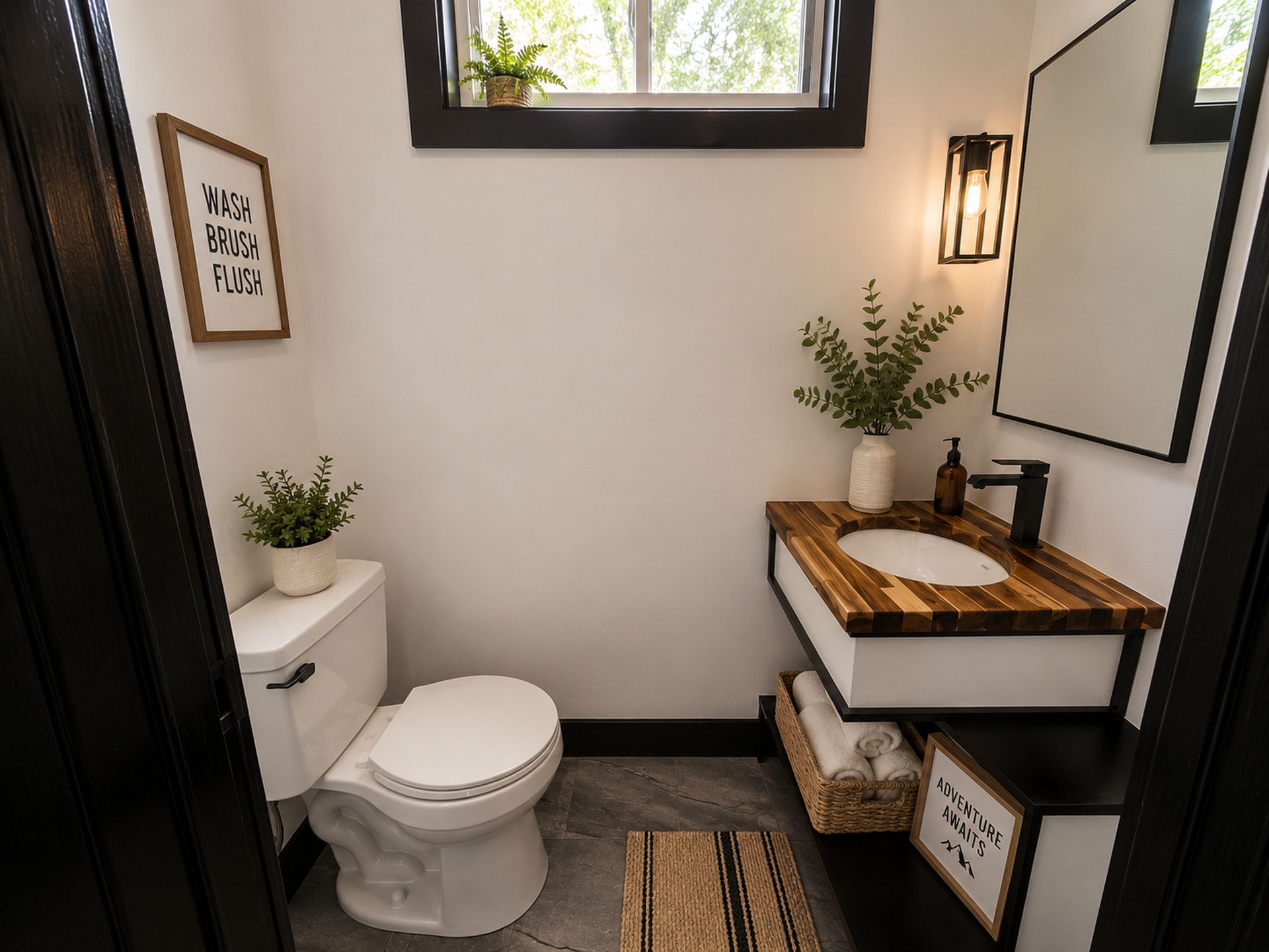 A compact bathroom with a toilet, sink, and a window above the sink.