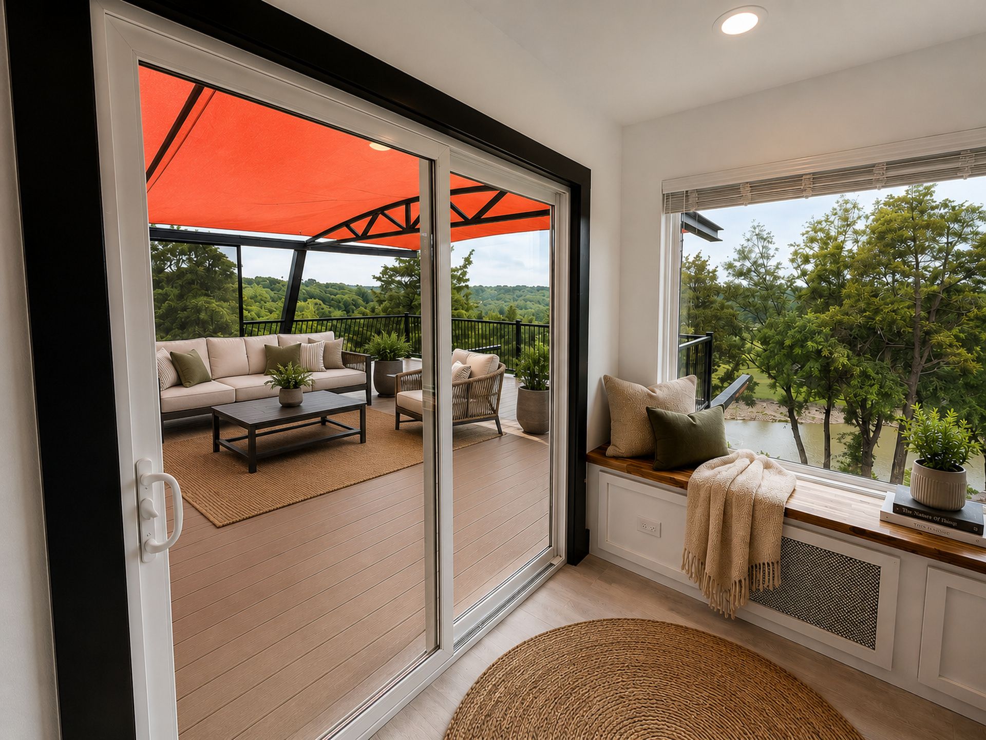 A modern interior with a sliding glass door leading to an outdoor patio area.