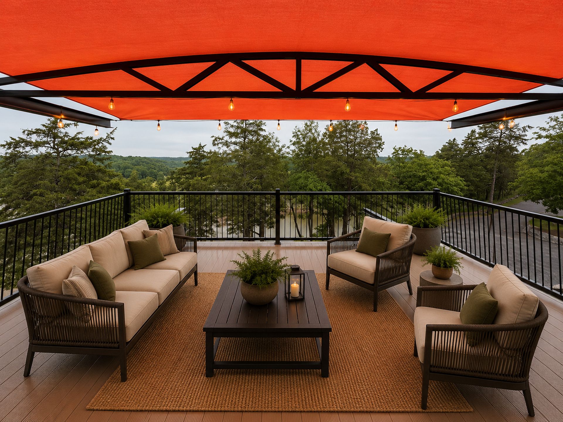 Une terrasse aménagée avec un ensemble de canapés, des chaises, une table basse et des plantes en pot.