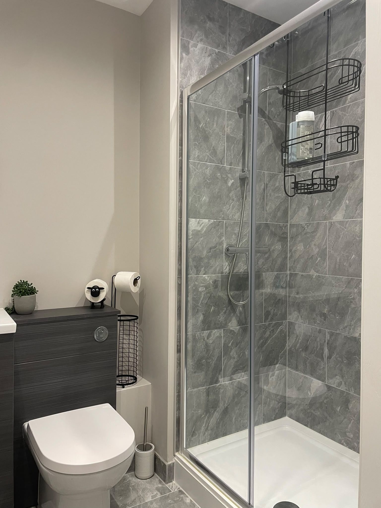 Een moderne badkamer met een glazen douchecabine, marmeren tegels, een toilet, een wastafel met een plant en een toiletrolhouder.