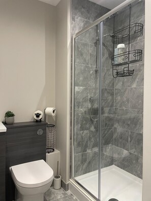 Een moderne badkamer met een glazen douchecabine, marmeren tegels, een toilet, een wastafel met een plant en een toiletrolhouder.