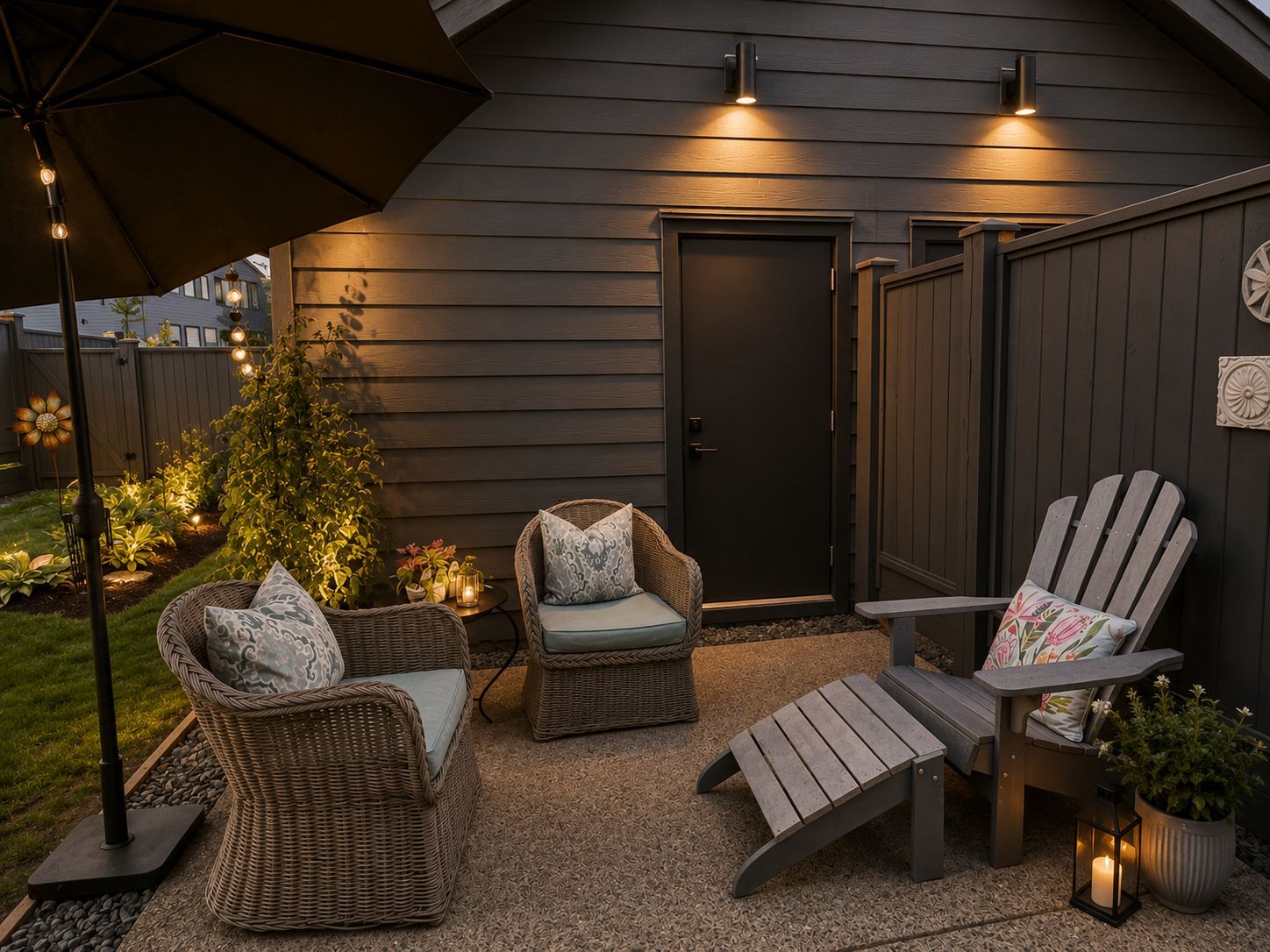 A patio area with wicker furniture, a wooden bench, and a potted plant.