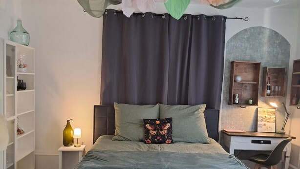 Ein Schlafzimmer mit einem Bett, einem Schreibtisch und Regalen.