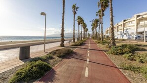 A coastal walkway lined with palm trees and a red path, leading to a building with balconies. - Vrbo Property (Almería)